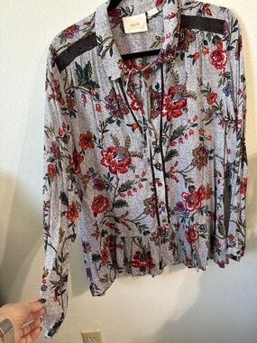 Anthropologie Janie Maeve Blouse Women's Size 14 Floral Gray Viscose Boho